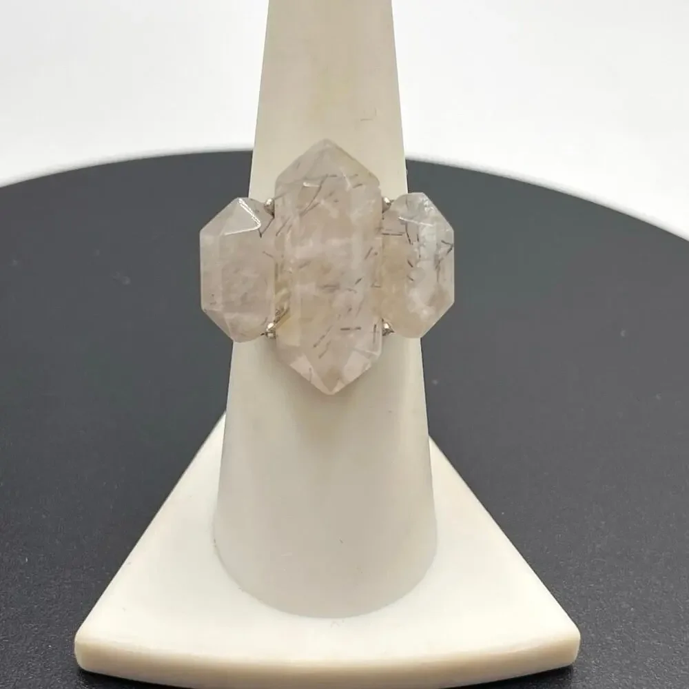 Artisan Handmade Silver Rutilated Or Tourmalinated Quartz Stone Ring‎ Sz 7 1/4